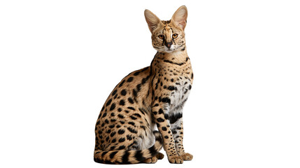 Full body portrait of a sitting African serval cat with spotted fur pattern © Sylas
