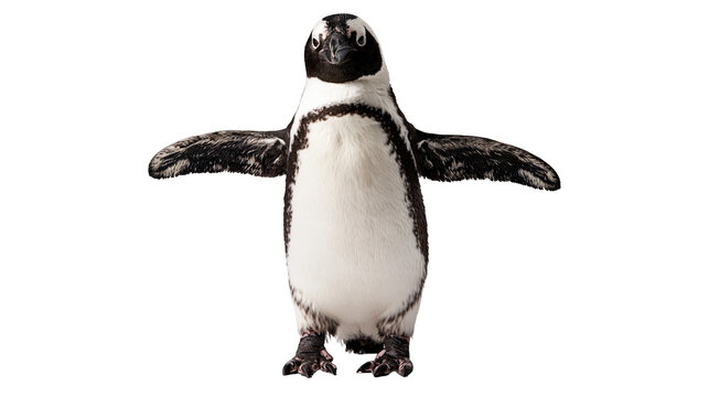 African penguin standing with wings spread wide showing black and white plumage