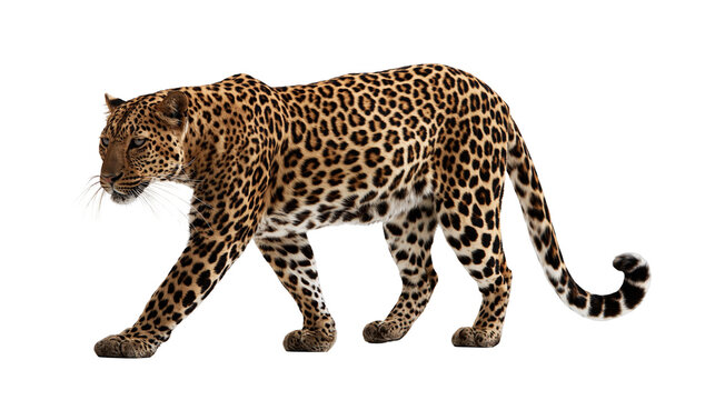 Full body side view of a walking leopard with spotted fur pattern