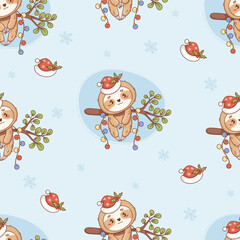 Obraz premium Christmas Cute Kawaii Sloth Seamless Pattern. New Year Animal Character Hanging on Branch with Santa Hat with Mistletoe and Garland Baubles on Light Blue Background. Holiday Vector Illustration.