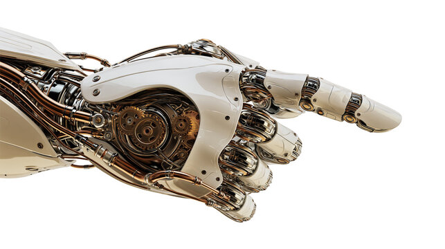 White and gold robotic hand with mechanical gears and exposed copper wiring