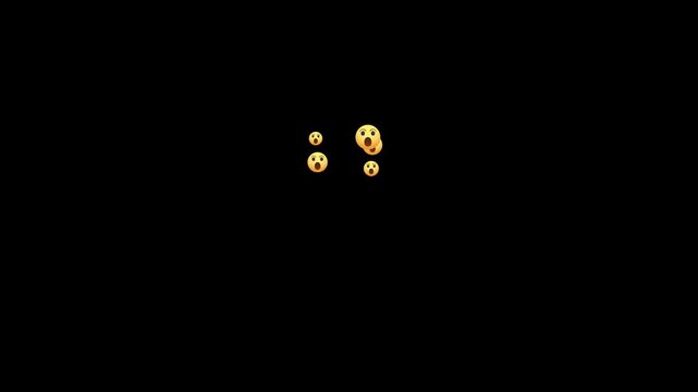 wow reaction emojis floating upward, surprised emoticon animation isolated on black background, floating wow reaction icons, animated emoticon particles on black background for video editing