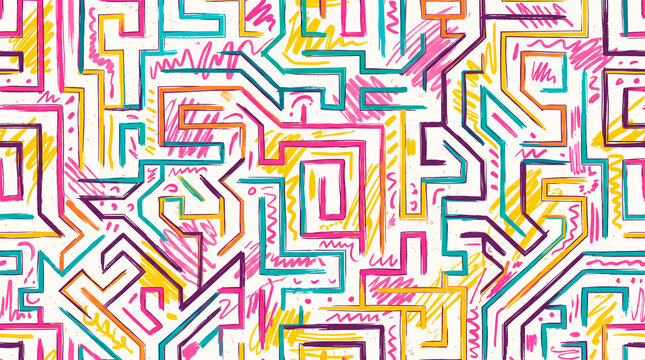 Colorful hand drawn abstract maze seamless pattern, 90s style doodle background with brush strokes