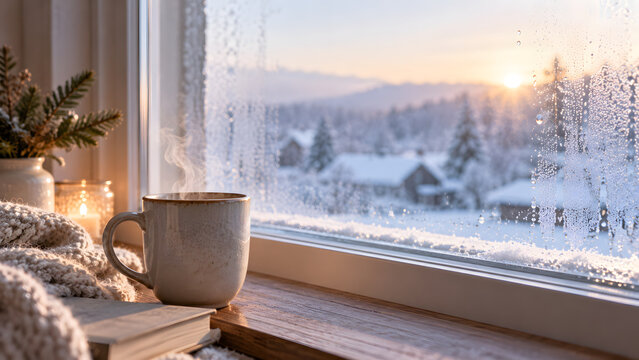 Cozy Winter Window Scene with Steaming Coffee Mug, Snowy Landscape and Warm Morning Light