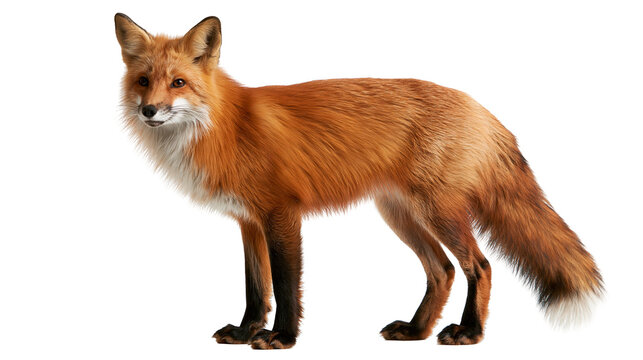 Full body side profile of a red fox with thick orange fur and white chest