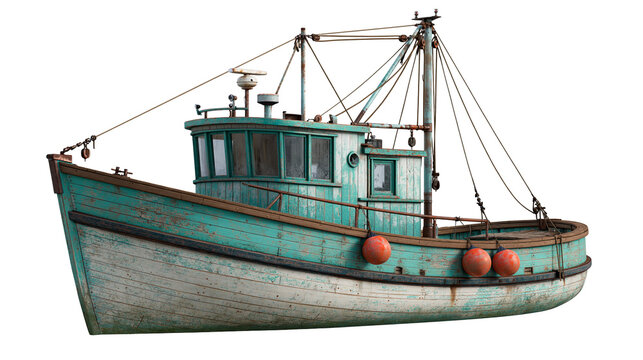 Weathered teal and white wooden fishing boat with orange buoys and rigging