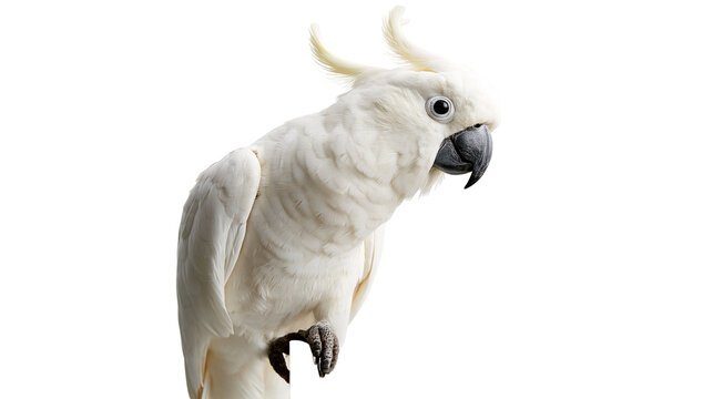 White umbrella cockatoo with yellow crest feathers and dark grey beak