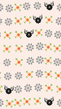 Seamless pattern of three floral motifs in gray, orange, and black