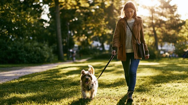 Young woman walking a small dog on a leash through a sunny park