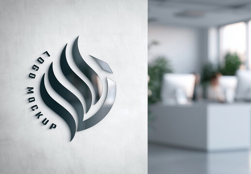 Glossy Metal Logo on Office Wall Mockup