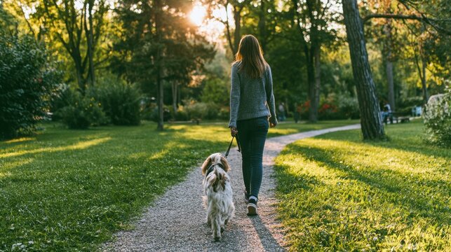 Young woman walking her dog on a gravel path in a sunlit park