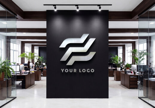 Logo with Reflections on Black Office Wall Mockup