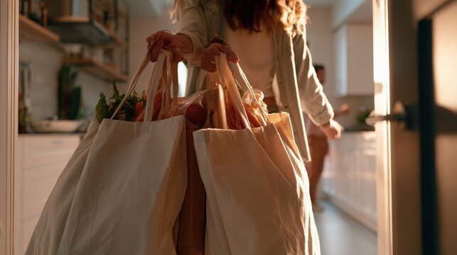 Woman carrying reusable canvas shopping bags with groceries into a
