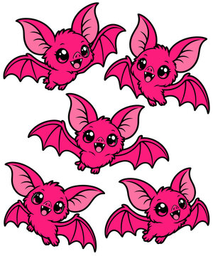 Cute pink cartoon bats vector set on transparent background