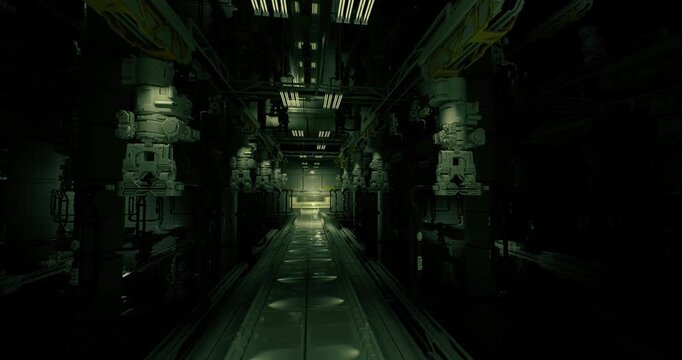 long industrial corridor toward power core with heavy conduit racks and reflective floor, electrical maintenance scenario implied with tagged panels and safety