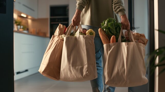 Woman carrying reusable grocery bags with fresh vegetables into the
