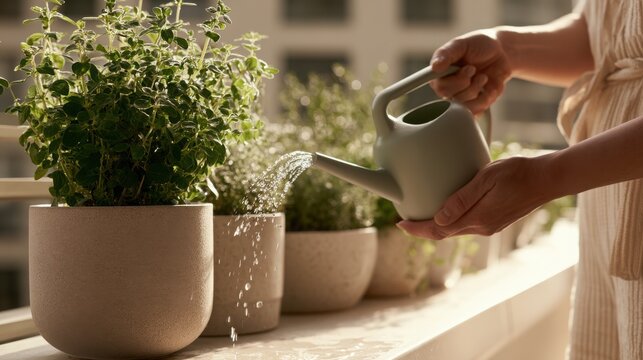 Woman watering potted herbs on a sunny balcony for home gardening