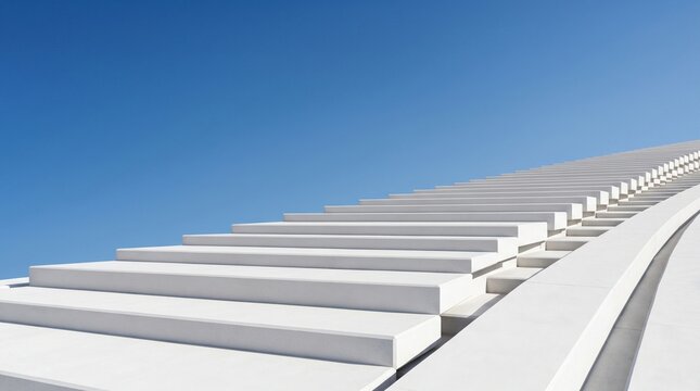 Modern white concrete stairs leading upwards toward a clear blue sky