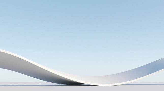 Minimalist white curved architectural ribbon against clear blue sky outdoor background