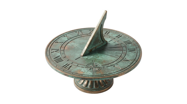 Antique bronze sundial with green patina and roman numerals, vintage garden sun dial timekeeping instrument, weathered copper horizontal sundial isolated PNG with Transparent Background