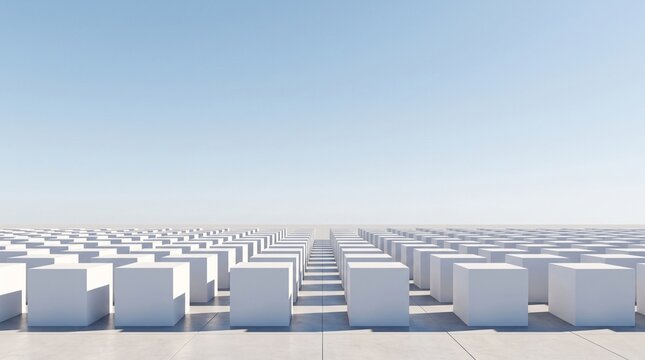 Minimalist white cubes arranged in a grid pattern under blue sky