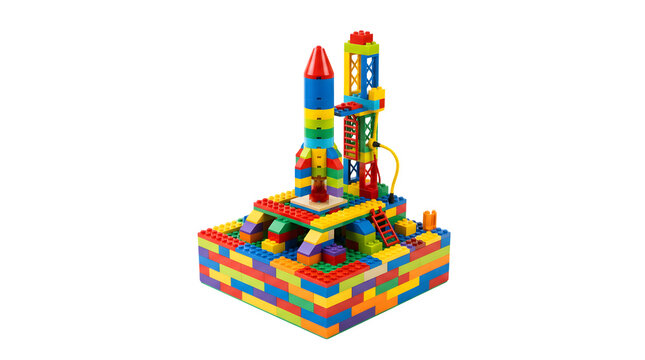 Colorful toy rocket ship made of plastic building blocks, launchpad construct with interlocking bricks on isolated white background