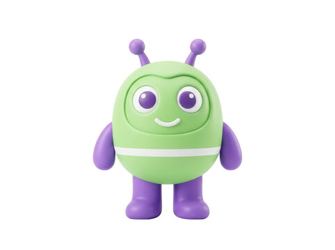 A cheerful green alien toy with purple accents standing isolated on transparent background