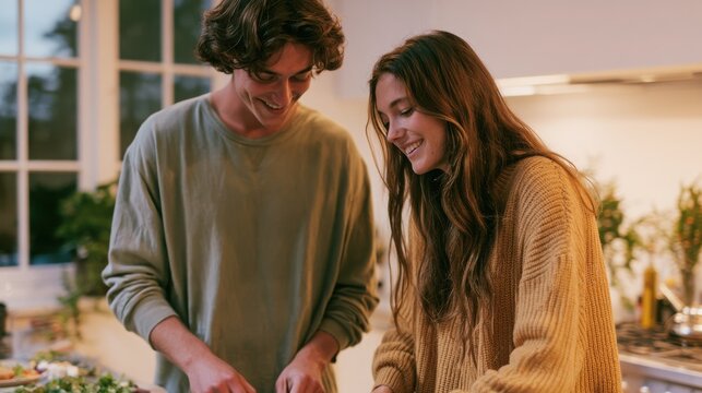 Young couple cooking dinner together in a modern home kitchen