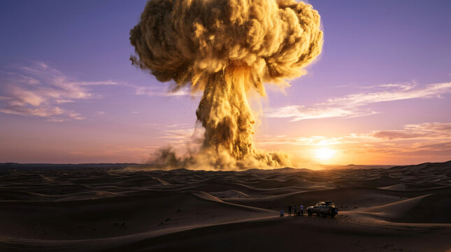 Massive mushroom cloud explosion rising over a desolate desert landscape at sunset.