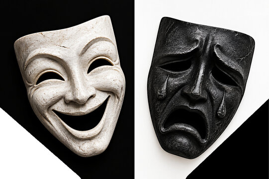 M&aacute;scaras con sonrisas y l&aacute;grimas, falsedad, mentira e hipocres&iacute;a rostros ocultos tras careta y mascarada