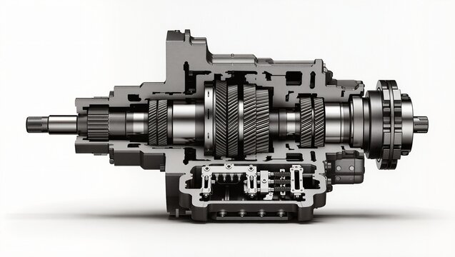 Manual transmission gearbox with shift fork mechanism cutaway, white background