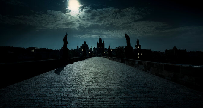 Czech Republic, Prague, Charles Bridge in back light