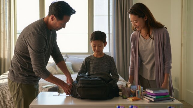 Asian parents helping their son pack a backpack for back to school at