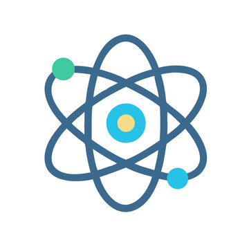 Stylized atom illustration with blue orbits on black background for scientific and educational use