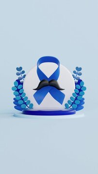 A blue ribbon and mustache symbol for the movember and blue november prostate cancer awareness campaign, featuring a decorative floral background on a podium. 3d animation