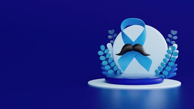 Light blue ribbon and mustache symbol for movember, the annual campaign raising awareness for men's health issues like prostate and testicular cancer. 3d animation
