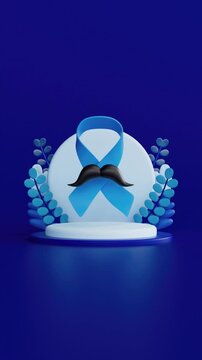 Symbolic prostate cancer awareness concept with blue ribbon and mustache on spinning podium, ideal for movember campaigns. 3d animation
