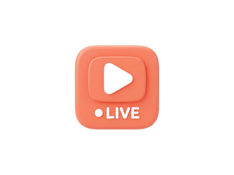 3D rendered orange square button with play icon and text "LIVE" isolated on transparent background