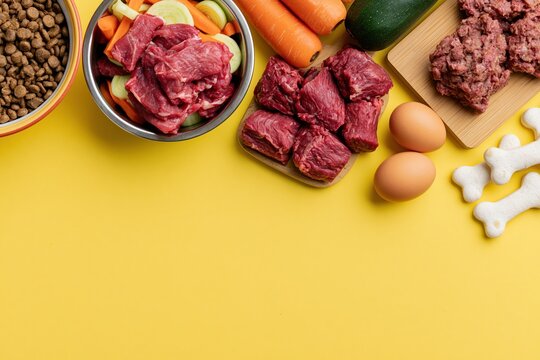 The Raw Meat and Pet Food Display on Bright Yellow Kitchen Surface