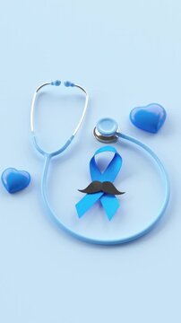 Symbolic blue ribbon with mustache, stethoscope and hearts promoting men's health awareness for blue november campaign. 3d animation