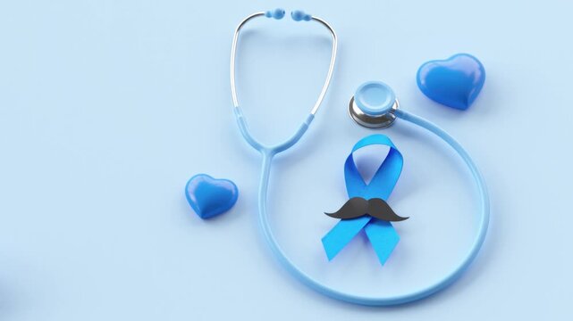 Blue ribbon with mustache, stethoscope and hearts symbolizing blue november prostate cancer awareness and mens health. 3d animation