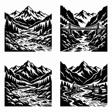 Scenic Vector Illustration of the Alaknanda River Flowing Through the Himalayan Mountains in Uttarakhand India Featuring Rapid Water Currents and Mountainous Terrain Landscape
