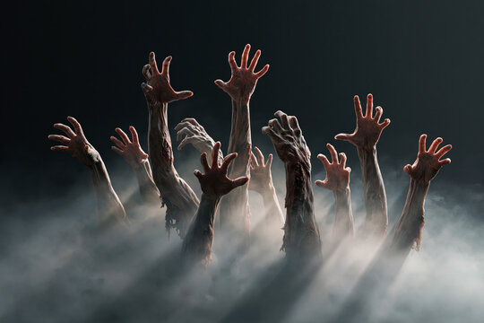 Multiple zombie hands reaching up through fog, Halloween horror scene