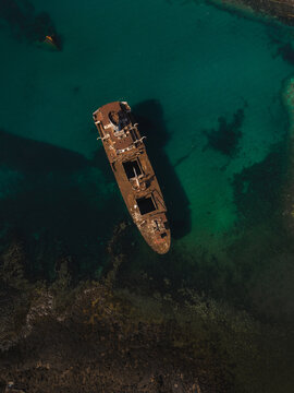 Drone view shows the Barco Telamon shipwreck in the sea of Lanzarote