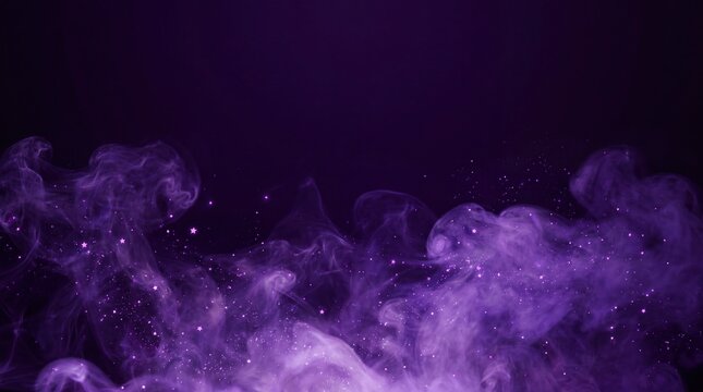 Magical purple smoke with glowing stars and sparkling particles on dark mystical background