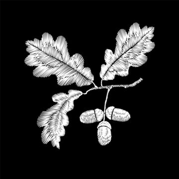 White oak branch with leaves and acorns embroidery design. Autumn needlework stitch style. Fashion clothing patches stickers print. Black background hand-stitched vector art.