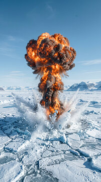 Massive fiery explosion erupting through the frozen arctic ice landscape.