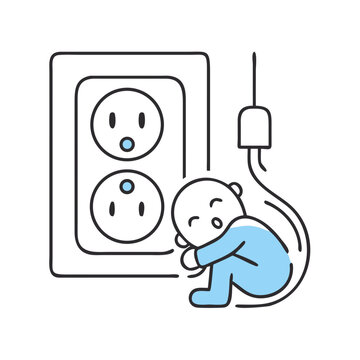 Electric Shock Risk: An infant playing near an electrical outlet with visible power cord.