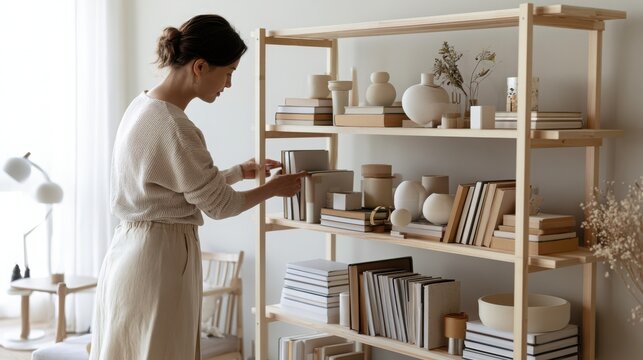 Woman organizing books and decor on a wooden shelf in a bright home