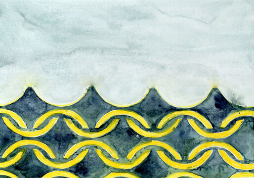 Abstract watercolor painting features a yellow wave pattern on paper